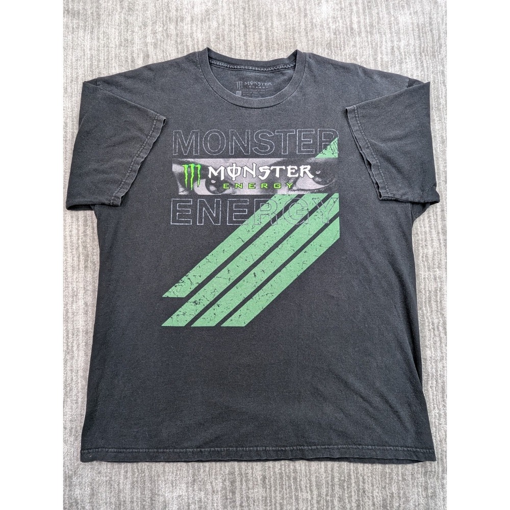 Monster Energy Tshirt Mens XL Black Eyes Spellout Green Energy Drink Motocross